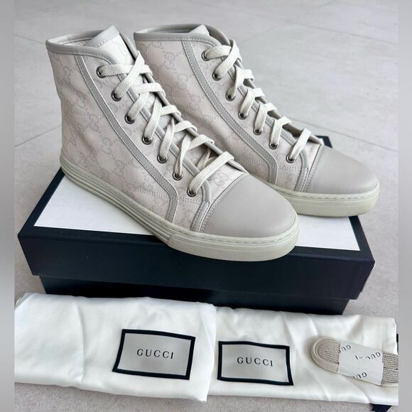 Gucci High Top GG Monogram Sneakers White Canvas Leather Toe Tennis EU 38 US 8 - Picture 10 of 10